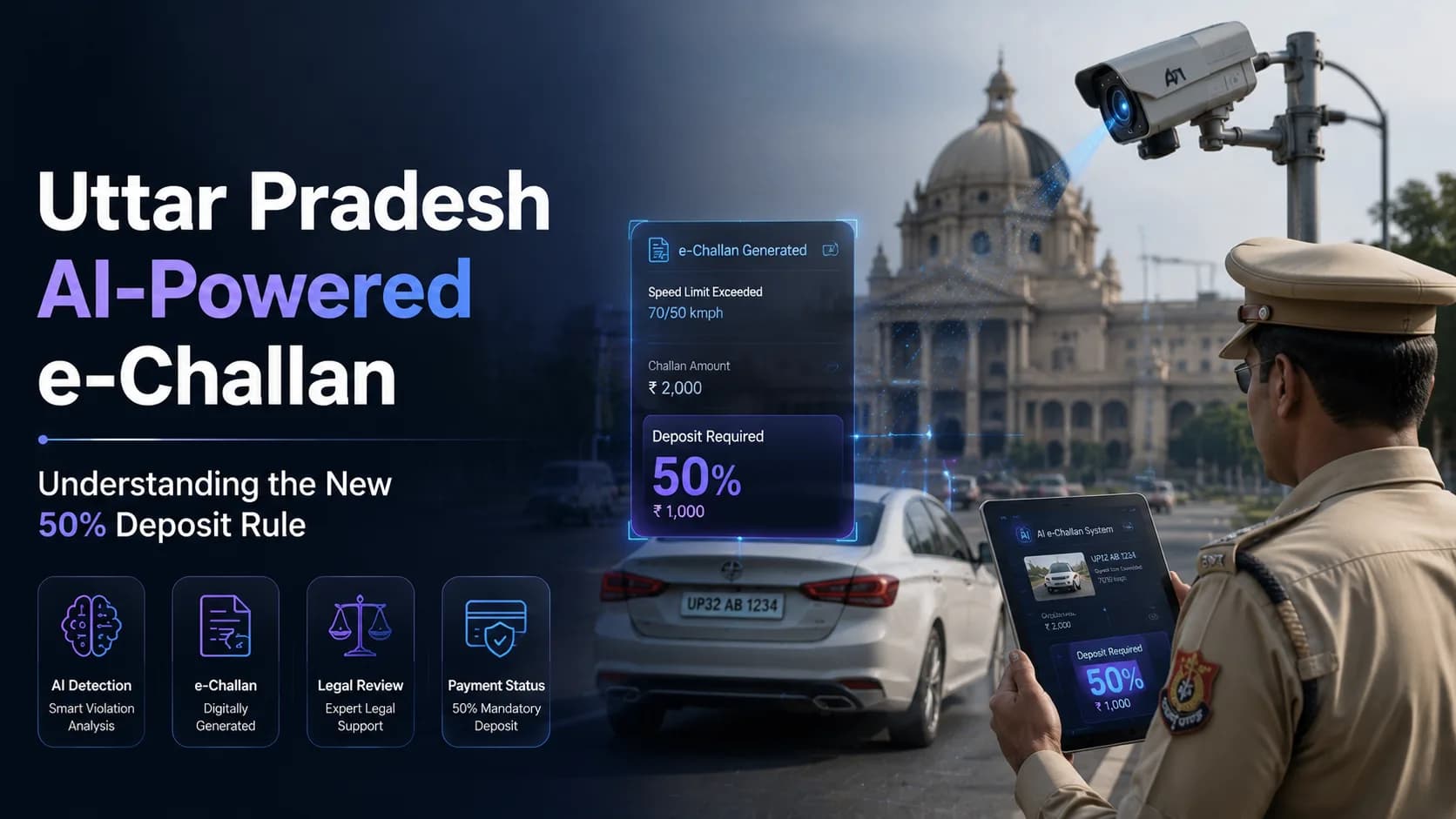 Uttar Pradesh AI-powered e-Challan system with 50% deposit rule explained, featuring AI traffic surveillance and digital challan enforcement