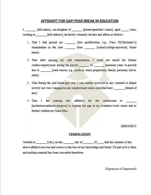 Gap Year Affidavit Format PDF Download