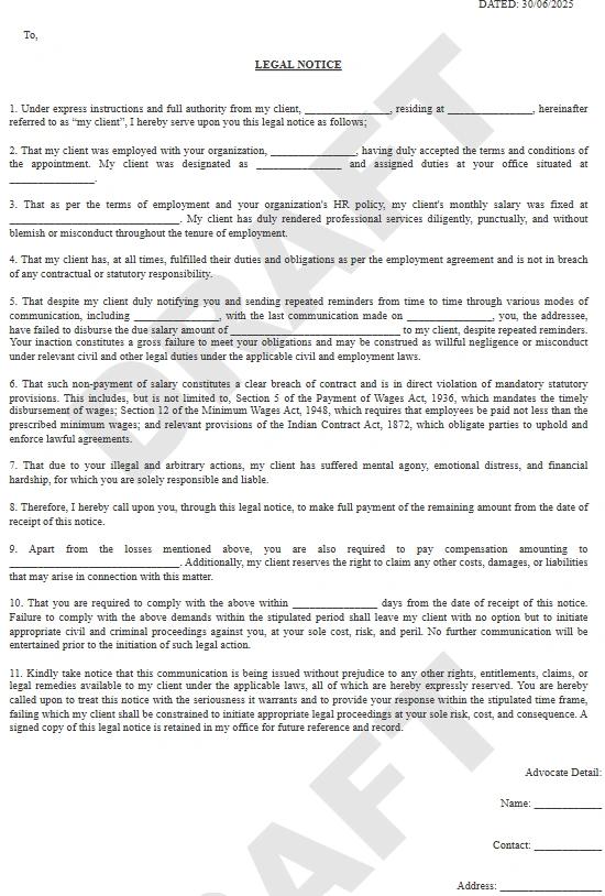 Non- Payment of Salary Notice Format