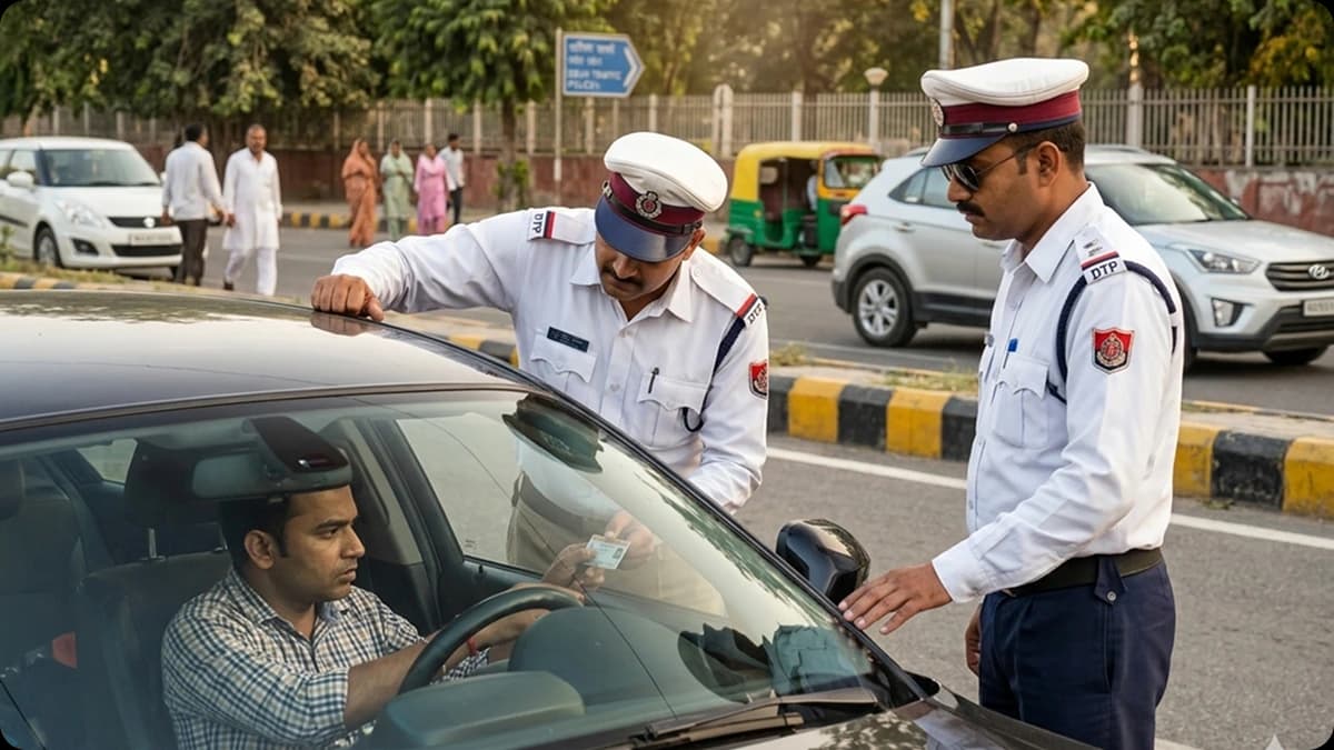 traffic police checking driving license in India for suspension and rule enforcement
