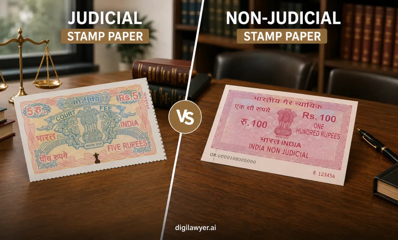 Judicial vs Non-Judicial Stamp Paper in India showing court fee stamp paper, e-stamp certificate, and legal agreement documents for comparison